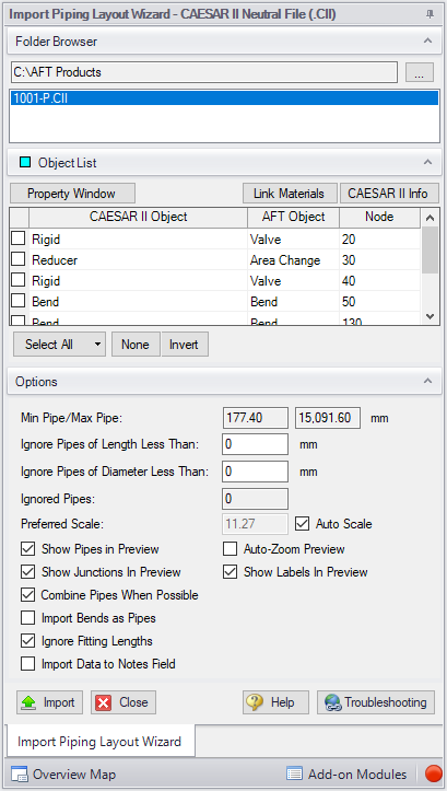 The Import Piping Layout Wizard for CAESAR II Neutral Files.